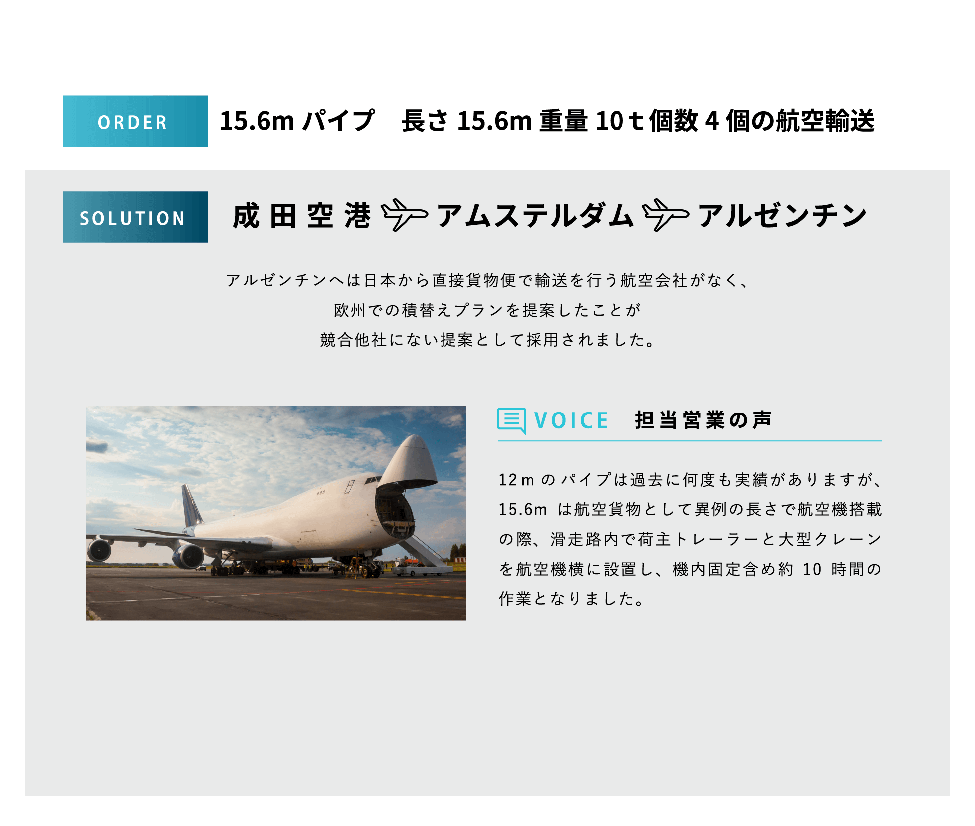 15.6mパイプ 長さ15.6m重量10ｔ個数4個の航空輸送